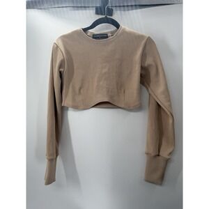 MANIERE DE VOIR Ribbed Balloon Sleeve Underbust Crop Top Beige Cream Long Sleeve
